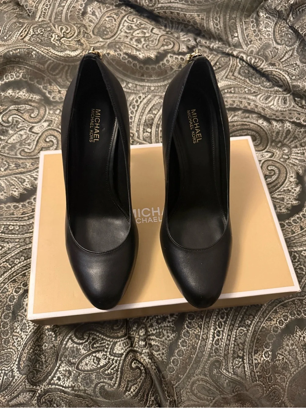 Michael Kors Black Leather High Heel Pumps with Gold Accent